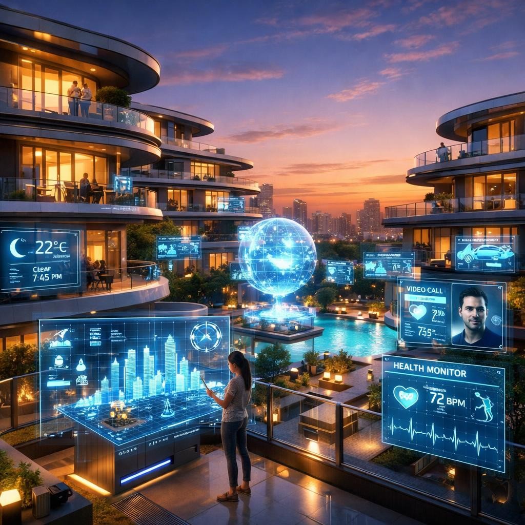 Woman using holographic smart city interface on rooftop with digital displays around