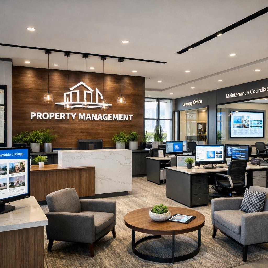 Property management office with reception, desks, computers, and seating area