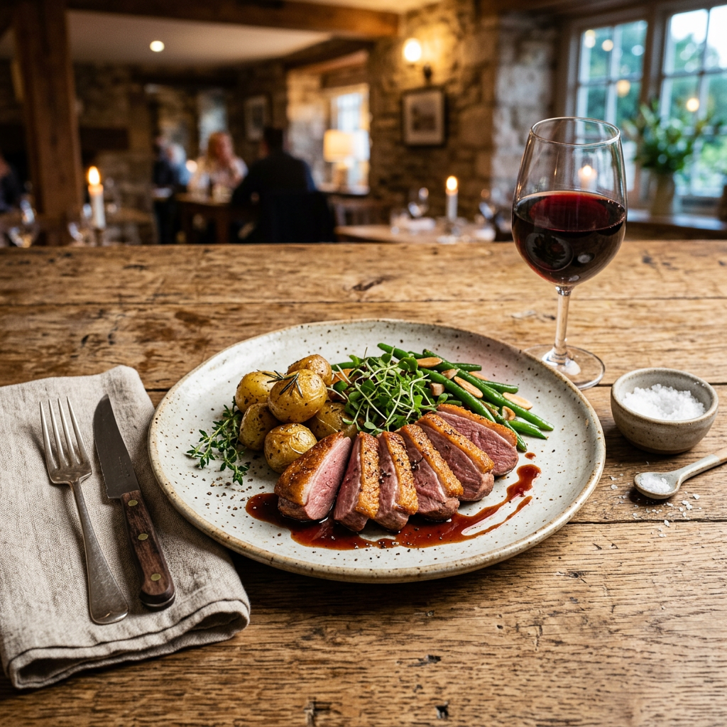 Plate with sliced duck breast, baby potatoes, green beans, and microgreens with a glass of red wine