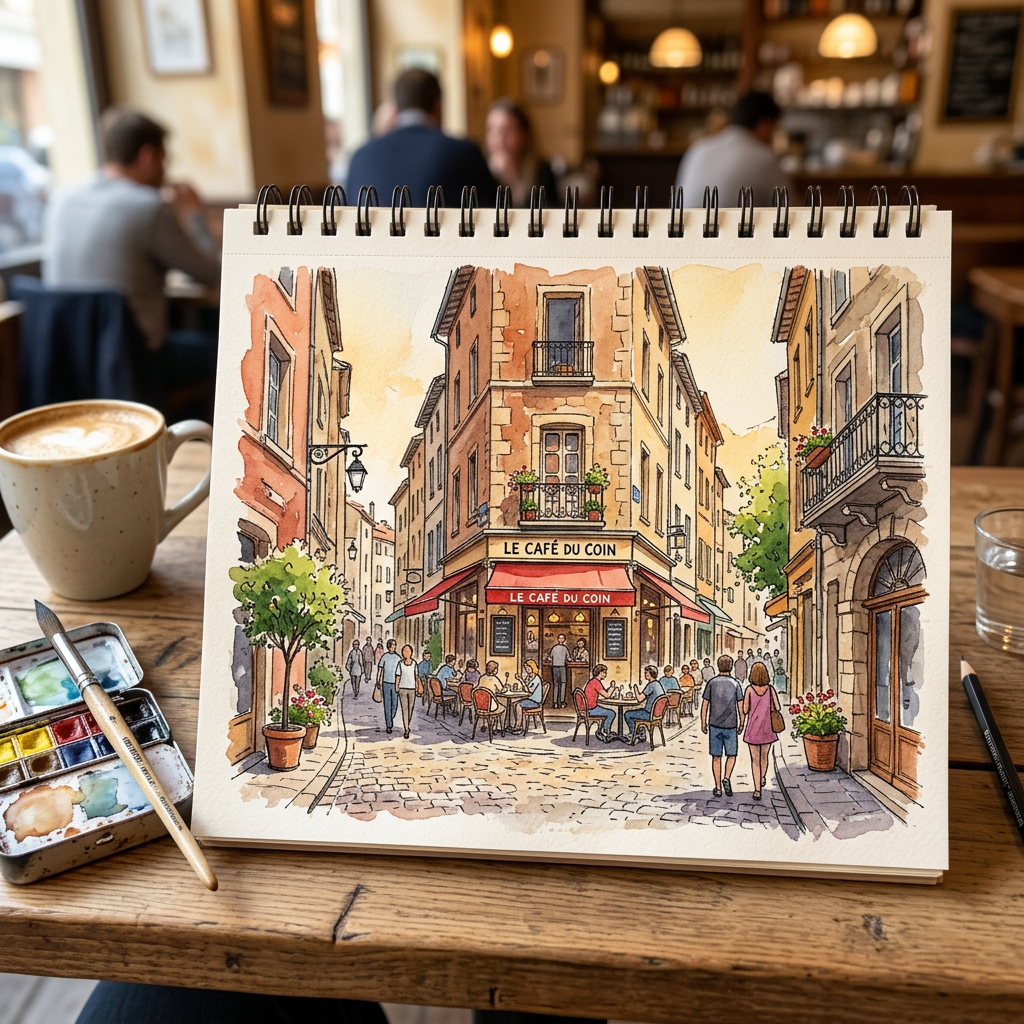 Watercolor painting of a Parisian street café named Le Café du Coin with people dining outdoors