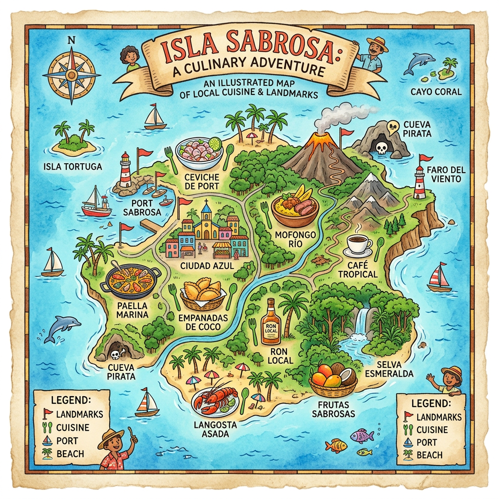 Map of Isla Sabrosa with local foods like ceviche, mofongo, paella, empanadas, langosta, fruits, and landmarks including ports, beaches, volcano, lighthouses, and caves.