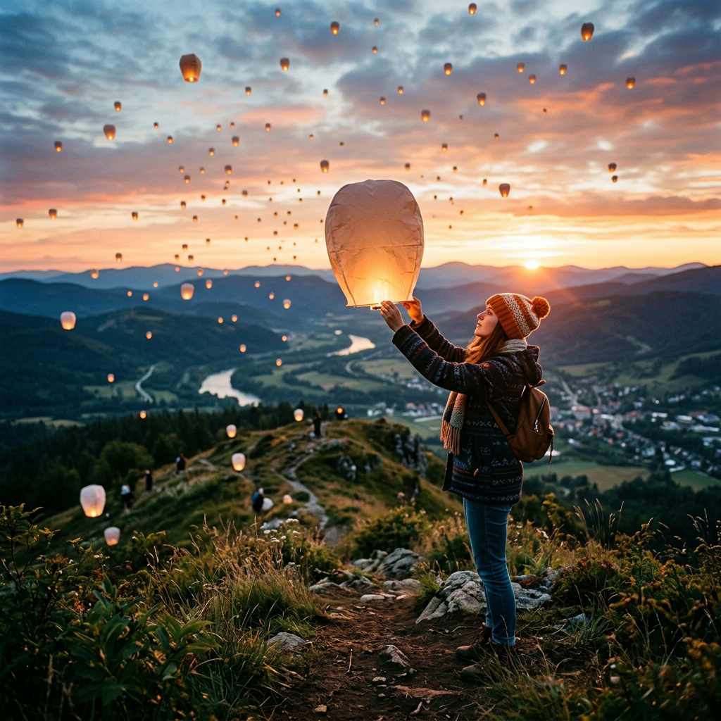 Woman releasing a glowing sky lantern at sunset on mountain trail overlooking valley