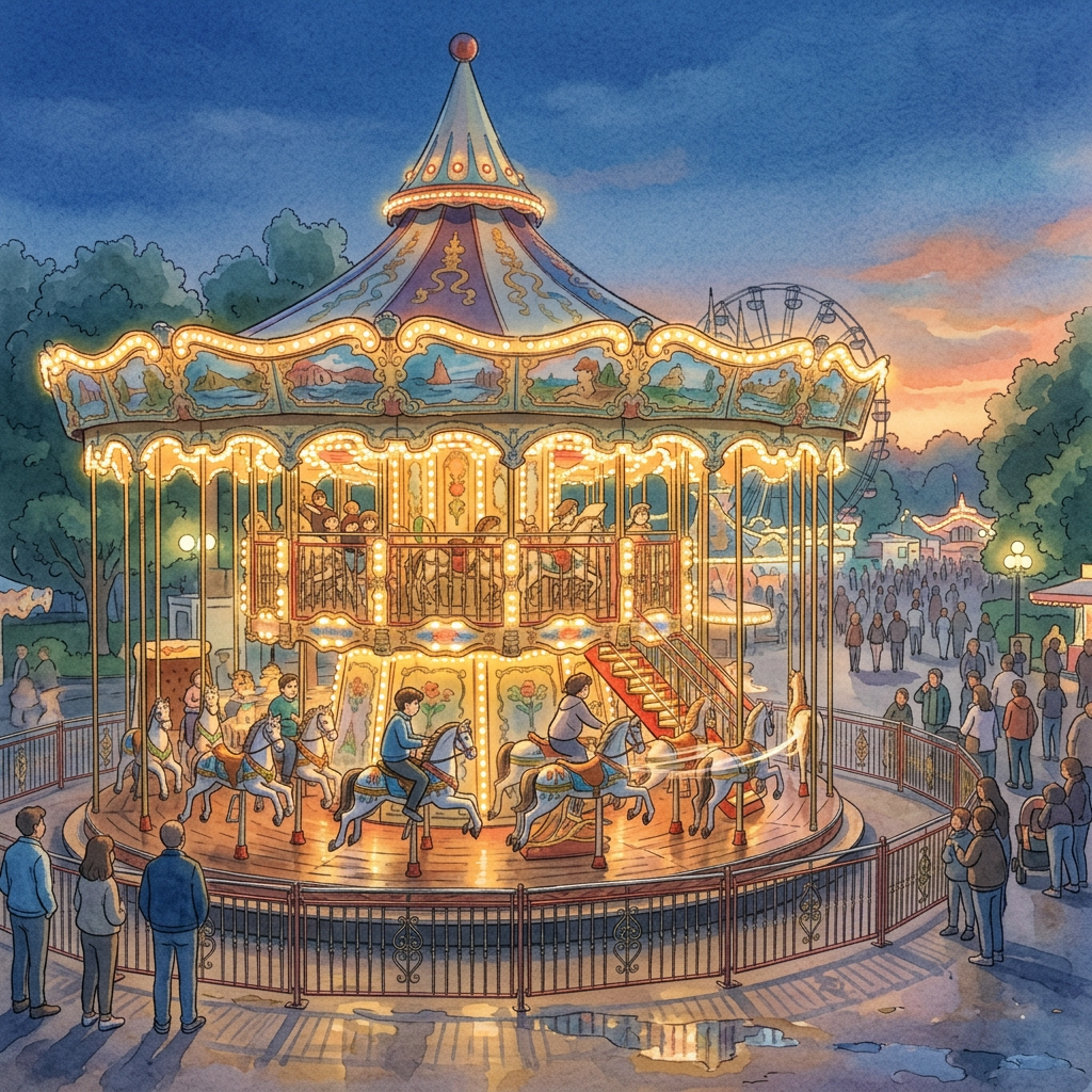 Lively carousel with glowing lights spinning at dusk with people around