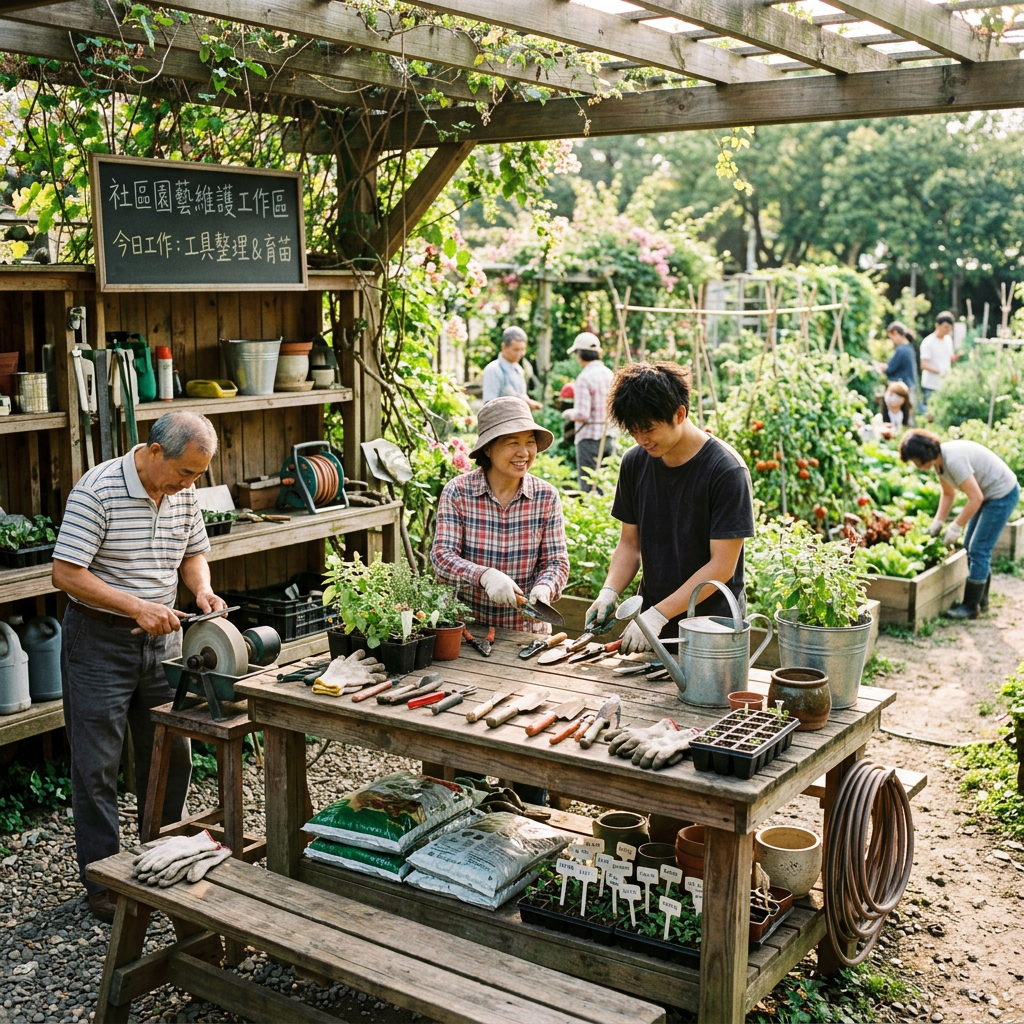 People cleaning gardening tools and tending seedlings in a community garden