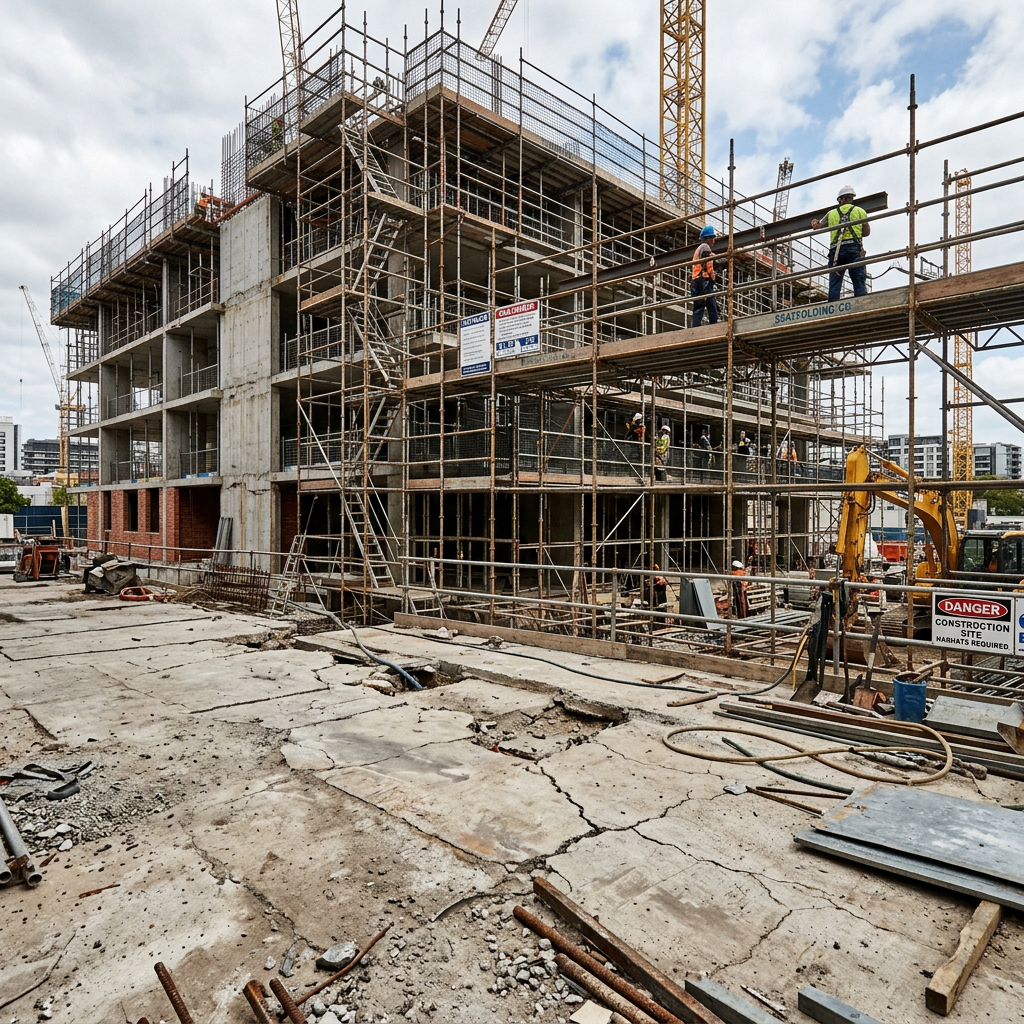 Multi-story building under construction with scaffolding, workers, cranes, and construction equipment